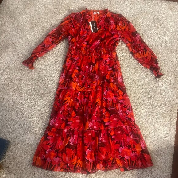 PrettyGarden Red Floral Tiered Maxi Dress Size L NWT Pockets - Picture 4 of 12